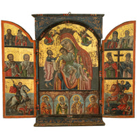 Antique 18thC Greek Orthodox Triptych Icon Virgin Mary & Saints Egg Tempera 1700