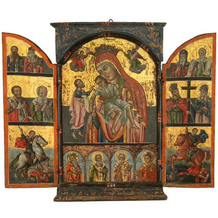 Antique 18thC Greek Orthodox Triptych Icon Virgin Mary & Saints Egg Tempera 1700