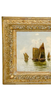 Pair Antique 19th Century Oil Canvas Paintings Dutch Marine Nautical Ships Seascapes by F. Lohse 1870