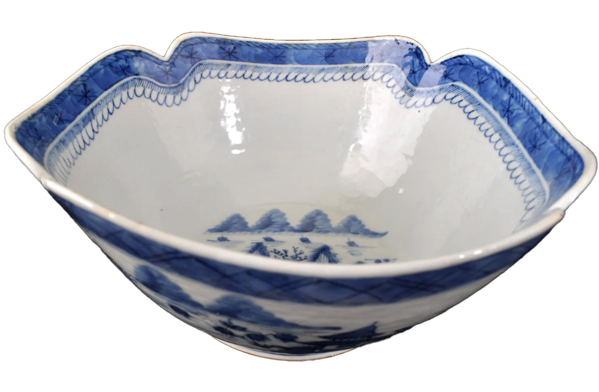 Antique Chinese Qing Dynasty Canton Blue & White Porcelain Bowl, Circa 1820