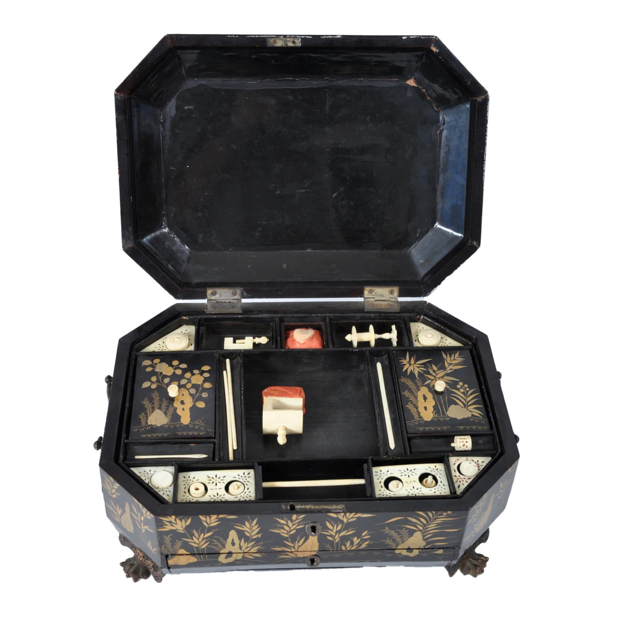 Antique Chinese Export Lacquer Work Sewing Box, Circa 1830