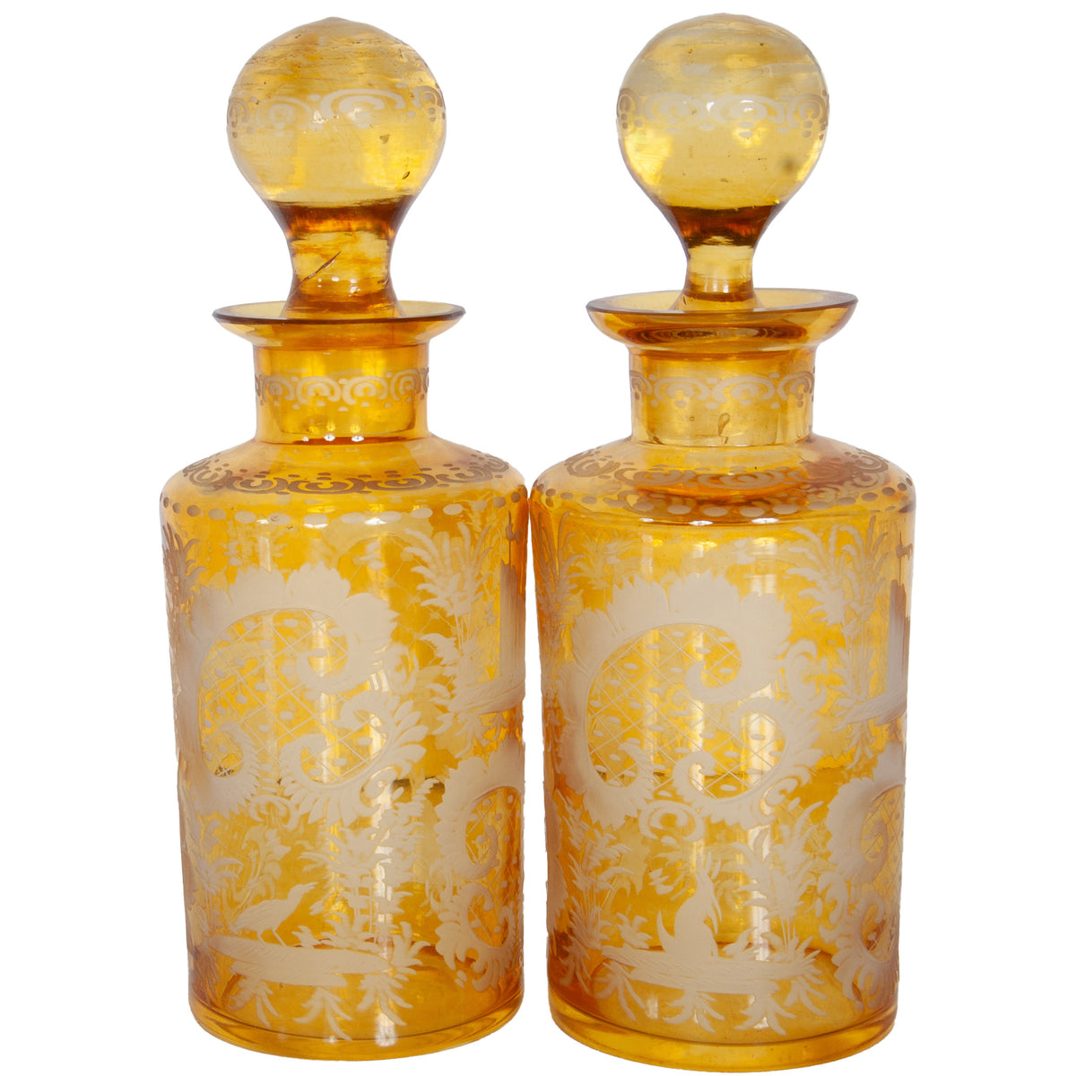 Antique Pair 19th Century Etched Bohemian Amber Glass Wine Liquor Decanters 1880