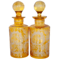 Antique Pair 19th Century Etched Bohemian Amber Glass Wine Liquor Decanters 1880