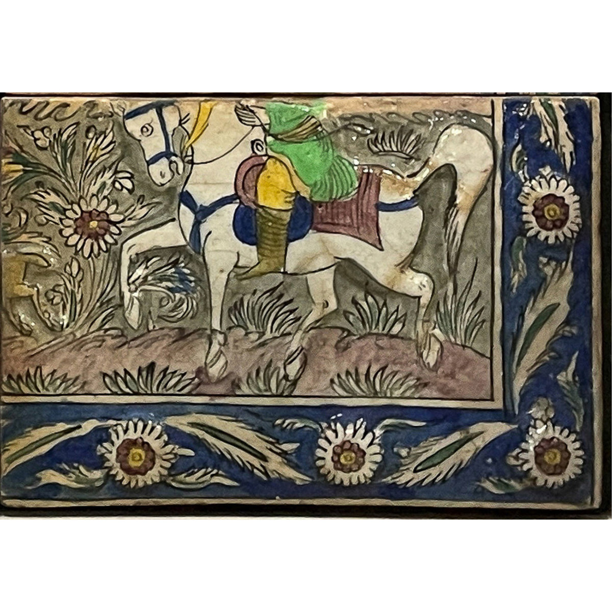 Antique Persian Qajar Iznik Mosaic Tile Panel Group Horseback Hunting Scene 1880