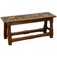 Antique English Carved Oak Arts & Crafts Hall Bench Seat 'Birds in a Tree' 1900