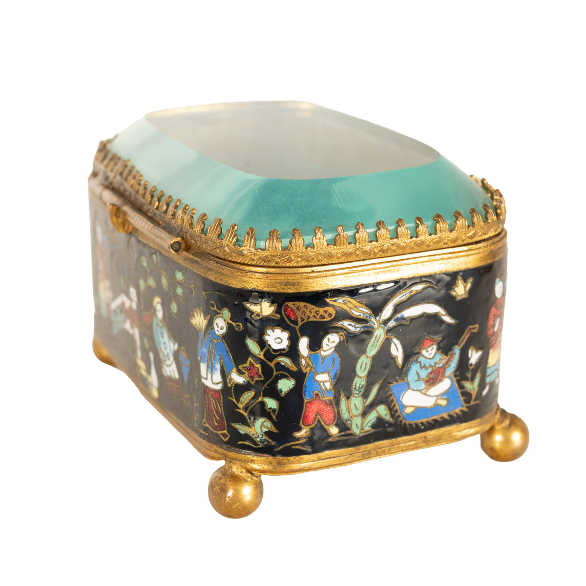 Antique French Gilt Brass Cloisonne Chinoiserie Champleve Jewelry Box Casket, 1880