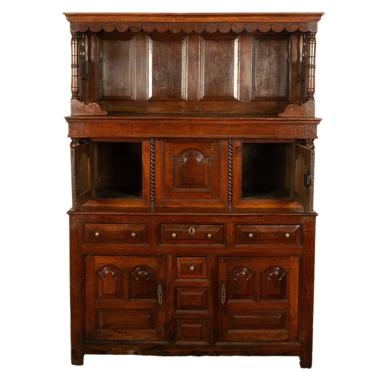 Antique Early 18th Century Carved Oak Welsh Cwpwrdd Tridarn Cupboard Cabinet 1730