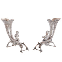 Pair Antique German Repoussé 800 Silver Cornucopia Cherub Vases Hanau 1890