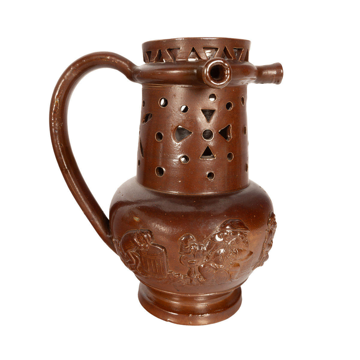 Antique English 18th Century English Brown Stoneware Puzzle Jug Nottingham 1706