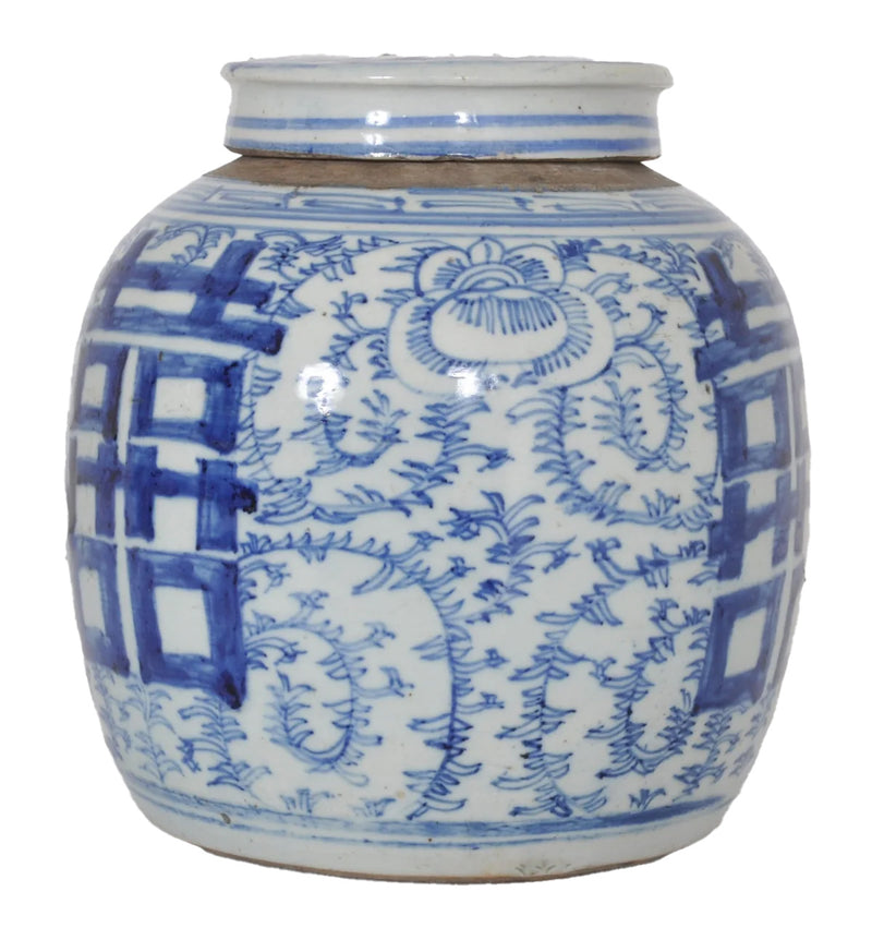 Antique Chinese Qing Dynasty Blue & White Porcelain Ginger Jar with Double Happiness Symbol, Circa 1870