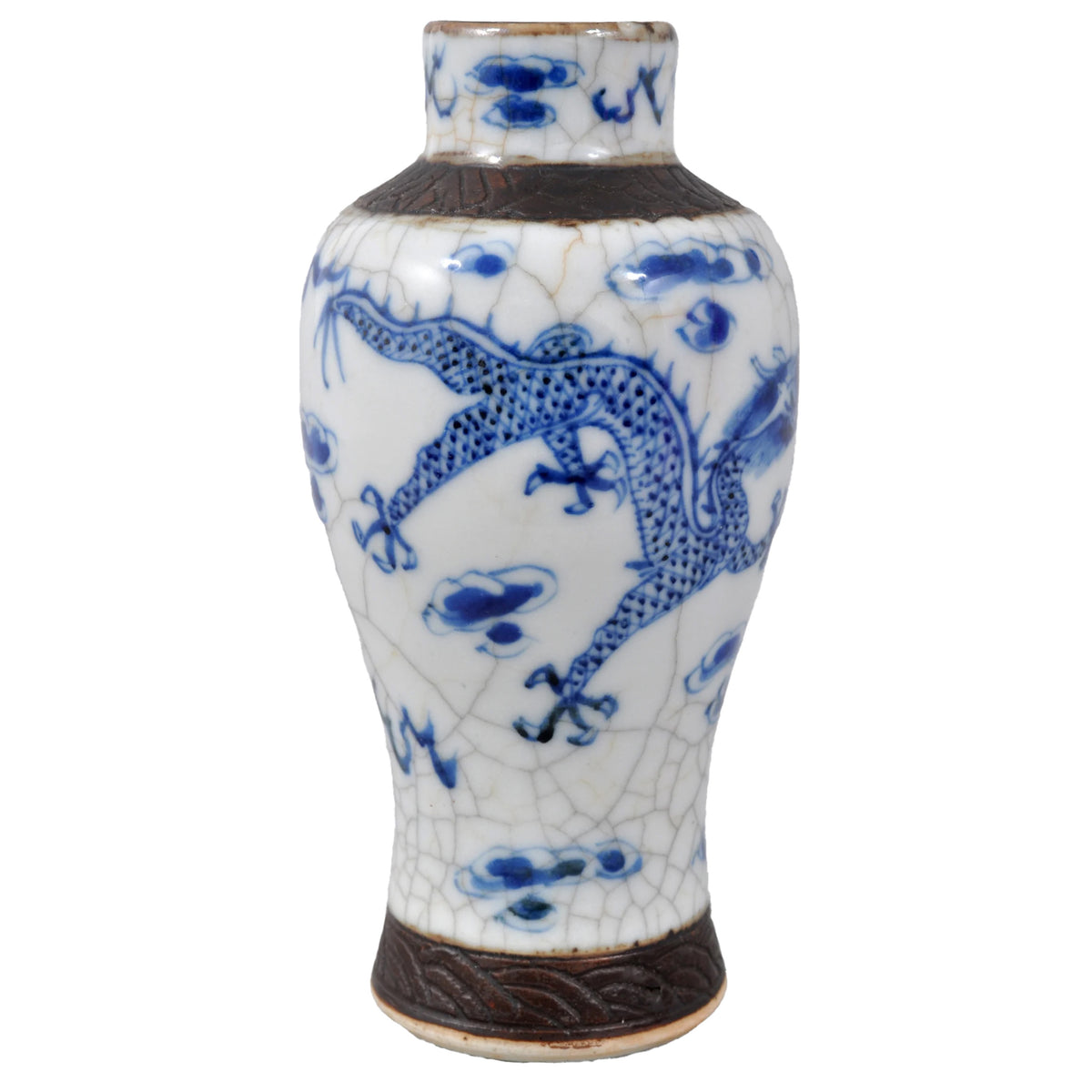 Antique 19th Century Chinese Qing Dynasty Blue and White Crackle-Glazed Vase, Circa 1850