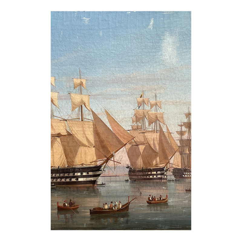 Antique Maritime Ships Oil Painting "British Fleet Bay of Naples"  by Tommaso De Simone, 1860