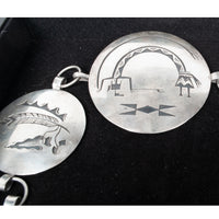 MCM Native American Navajo Silver Engraved Storyteller Concho Belt Willie Yazzie circa 1960
