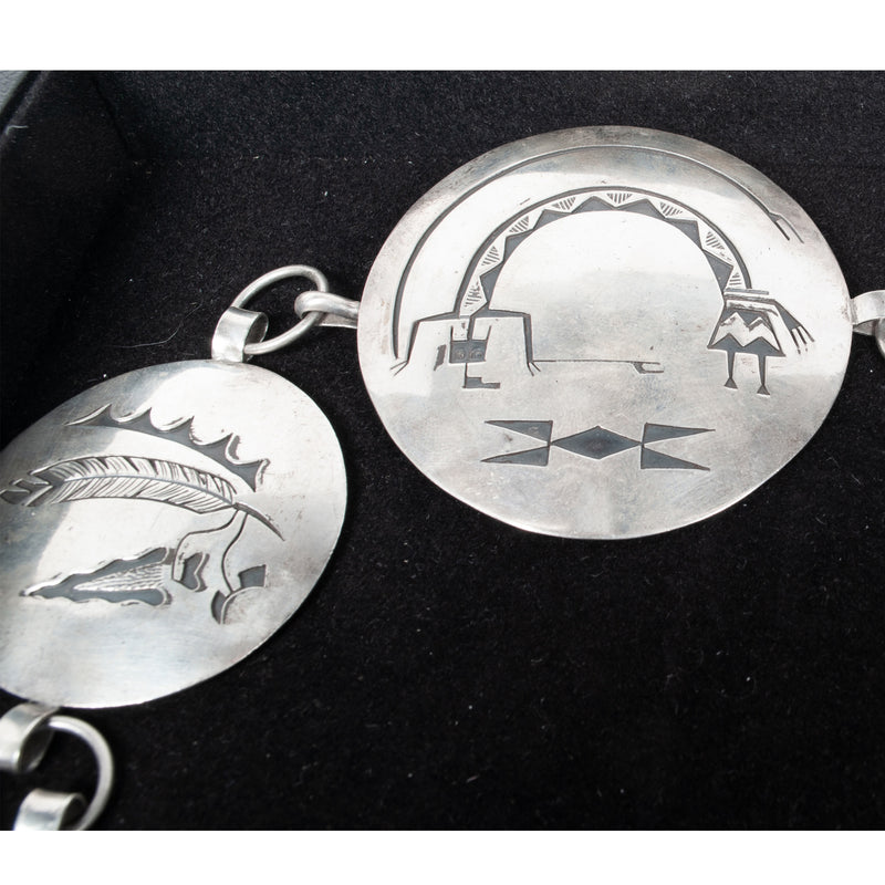 MCM Native American Navajo Silver Engraved Storyteller Concho Belt Willie Yazzie circa 1960