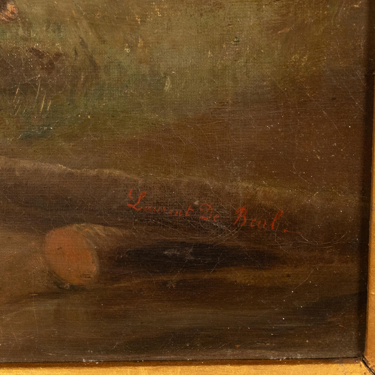 19th Century Belgian Realist Pastoral Oil Canvas Landscape Painting Ram Sheep & Goat