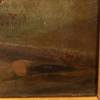 19th Century Belgian Realist Pastoral Oil Canvas Landscape Painting Ram Sheep & Goat