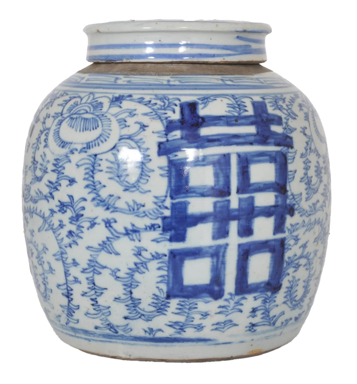 Antique Chinese Qing Dynasty Blue & White Porcelain Ginger Jar with Double Happiness Symbol, Circa 1870