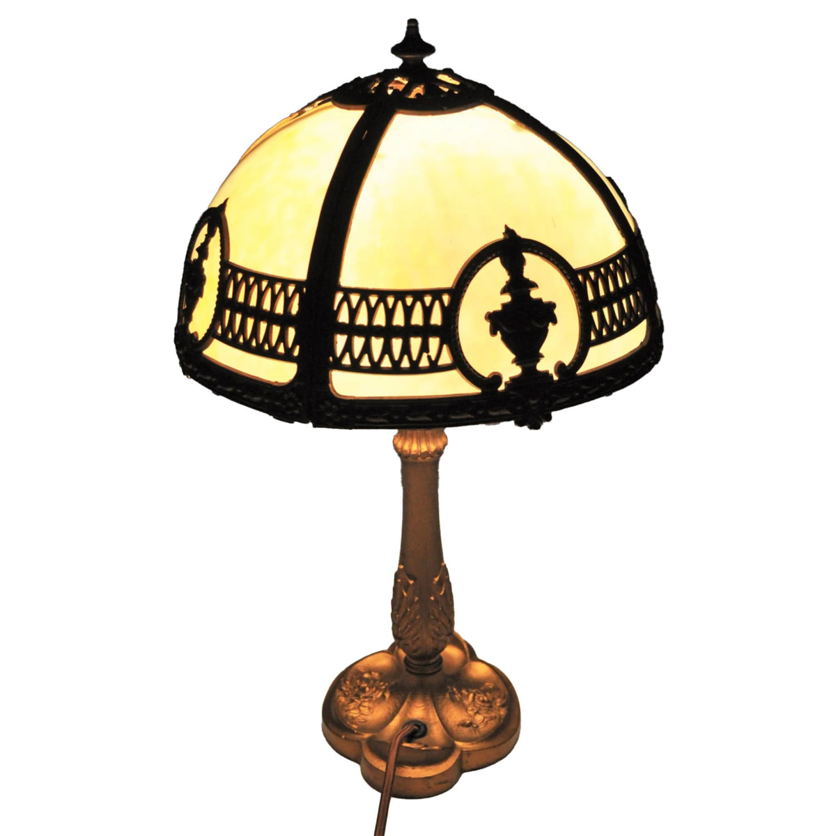 Antique American Boudoir Bronze & Slag Glass Table Lamp, Circa 1900