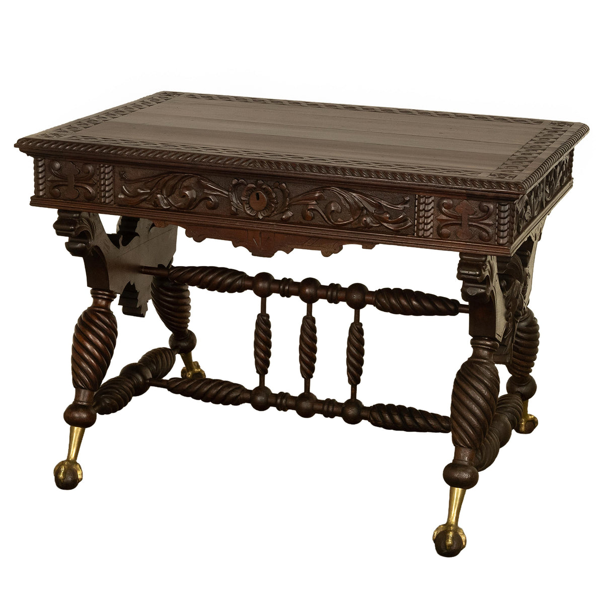 Aesthetic Movement Merklen Brothers Carved Walnut Library Table Desk NY 1890