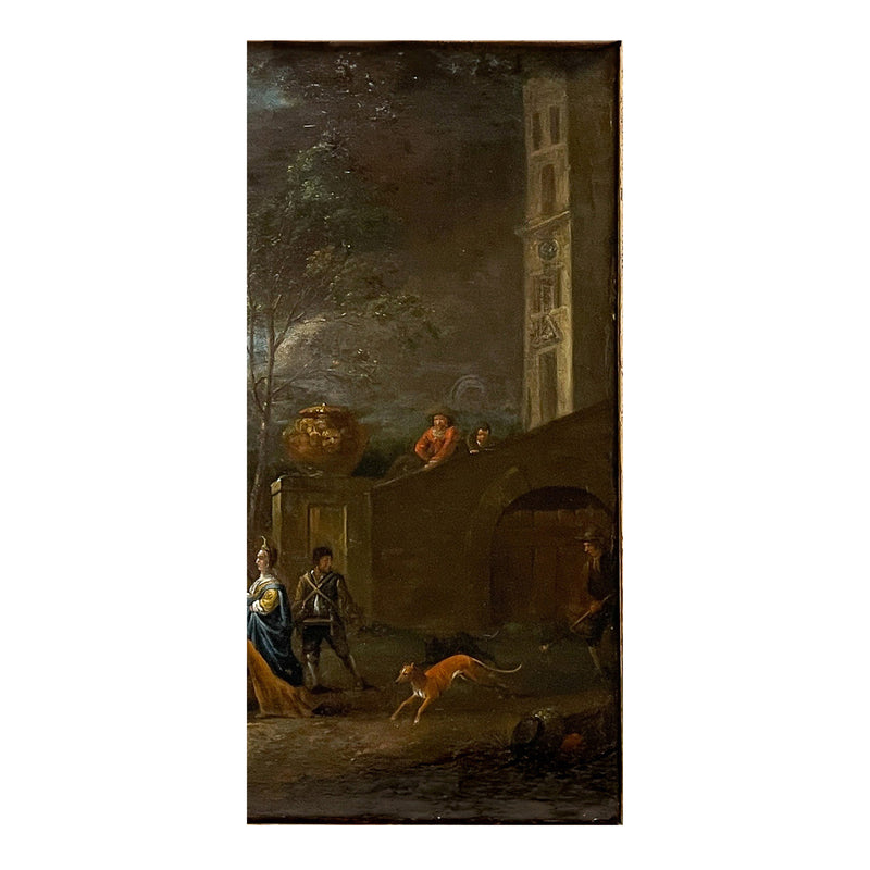 Flemish Early 17th Century Old Master Oil on Panel Painting Hunting Scene By by Peter Van Lint, 1620