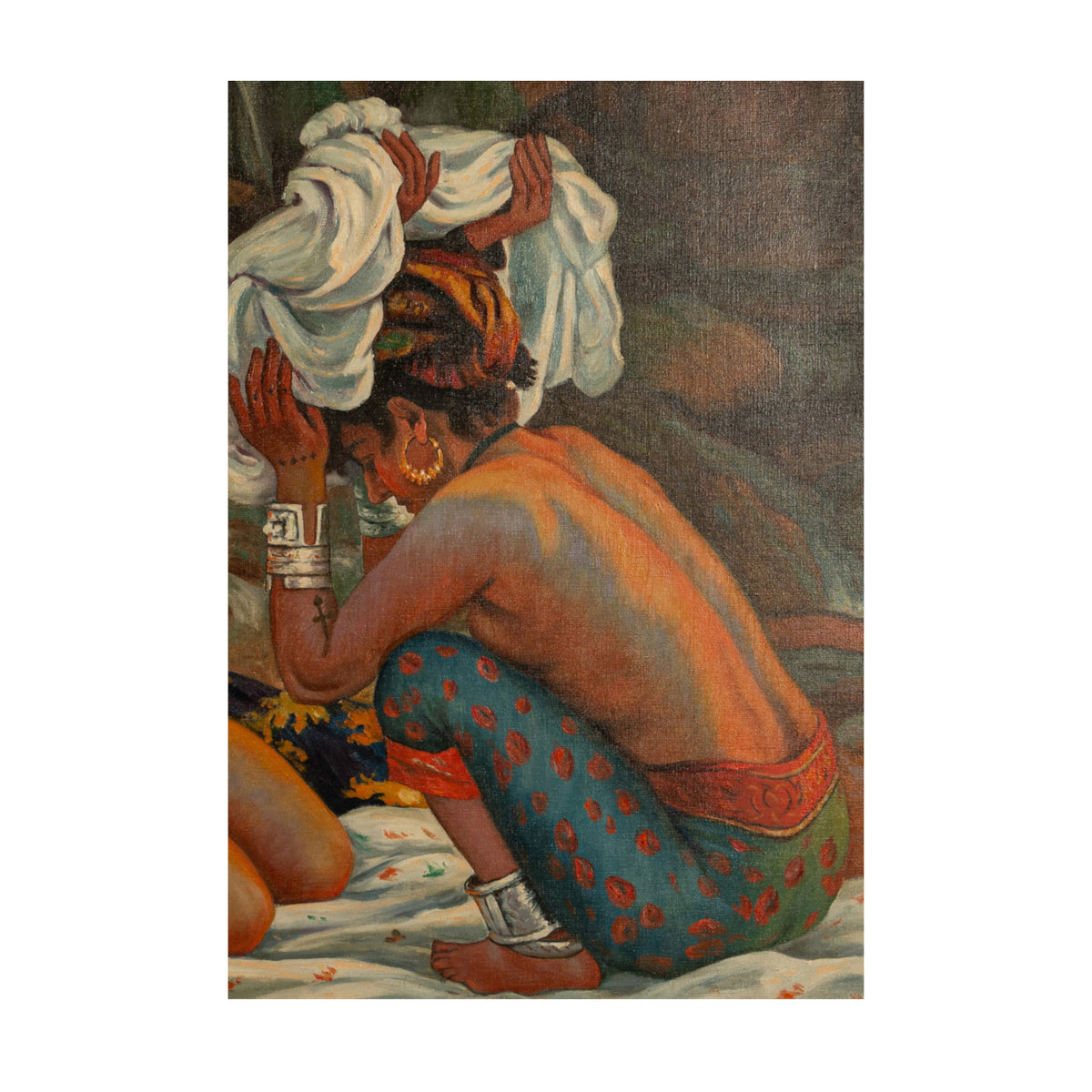 Large Orientalist Oil Painting North African Algeria Nude Tattooed Berber Women by Nasreddine Dinet Circa 1910