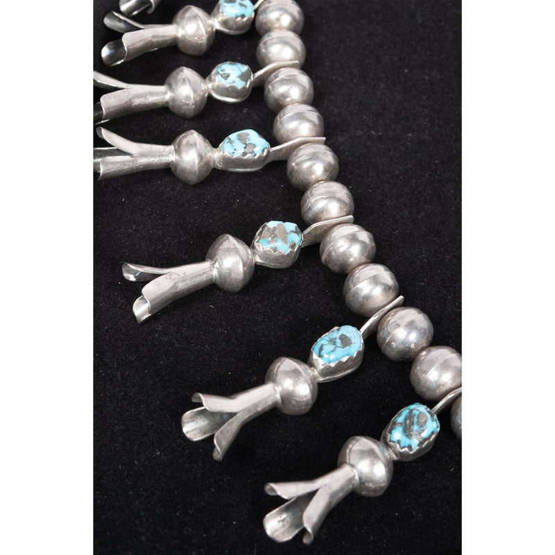 Antique Native American Navajo Sterling Silver Turquoise Squash Blossom Necklace