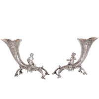 Pair Antique German Repoussé 800 Silver Cornucopia Cherub Vases Hanau 1890