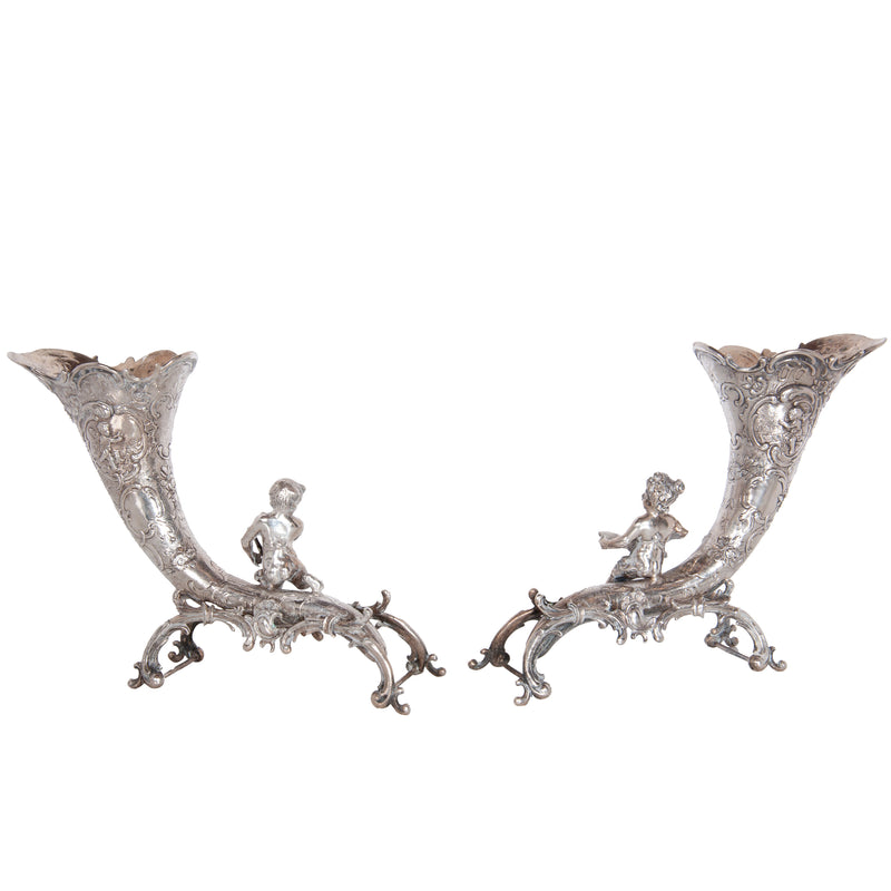 Pair Antique German Repoussé 800 Silver Cornucopia Cherub Vases Hanau 1890