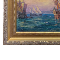 Antique American Nautical Ships Oil Painting "The Discovery" Jamestown Virginia by William Steeple Davis 1921