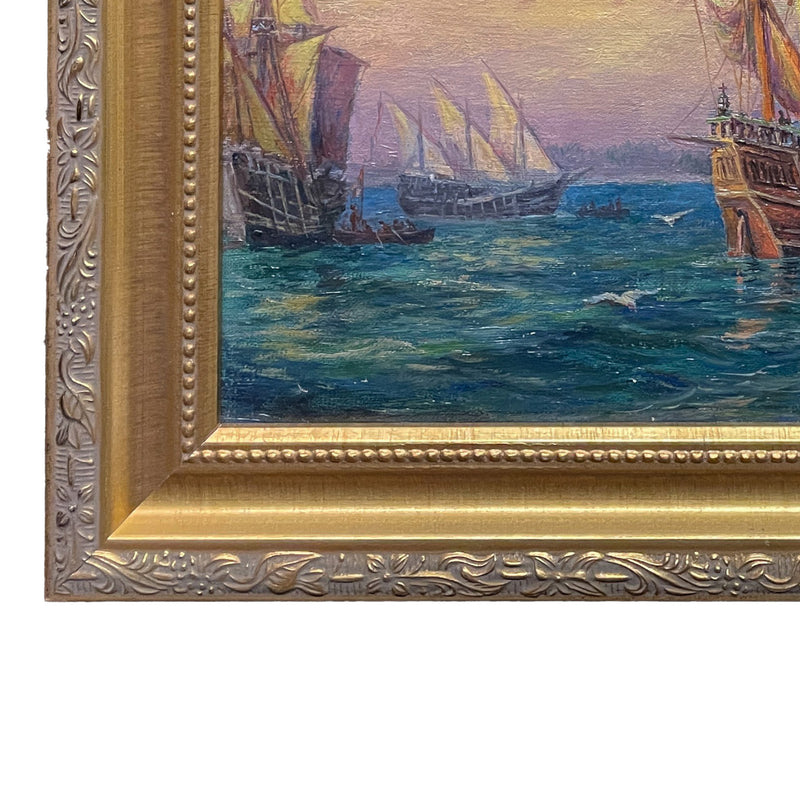 Antique American Nautical Ships Oil Painting "The Discovery" Jamestown Virginia by William Steeple Davis 1921