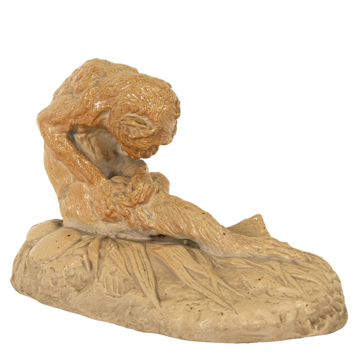 Antique French Sevres Terracotta Ceramic Monkey Snail Animalier Statue Sculpture by Emmanuel Fremiet, 1905