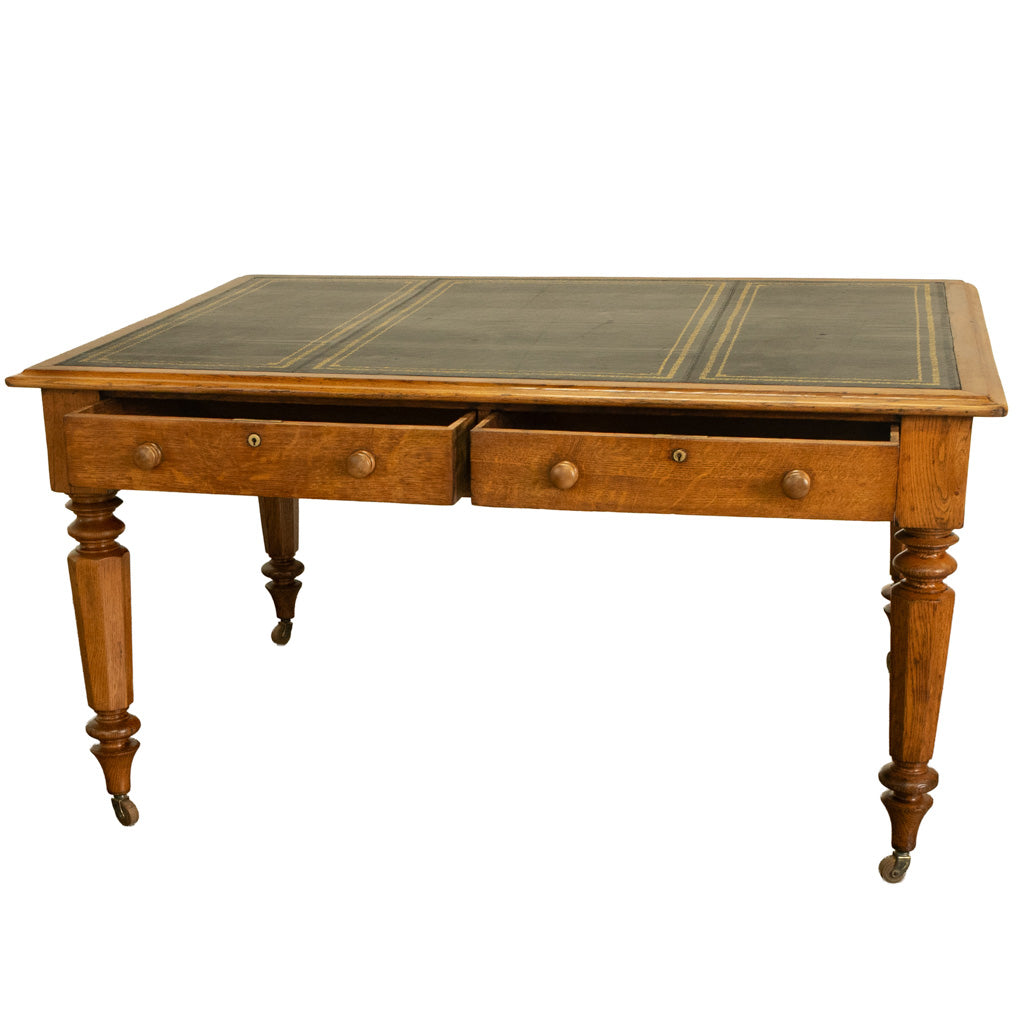 Antique English Oak & Leather Top Double-Sided Library Table Partner's Desk 1860