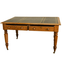 Antique English Oak & Leather Top Double-Sided Library Table Partner's Desk 1860