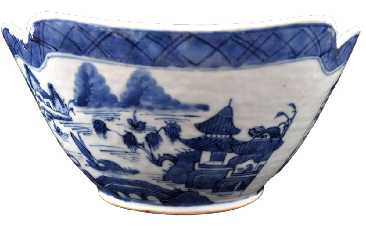 Antique Chinese Qing Dynasty Canton Blue & White Porcelain Bowl, Circa 1820