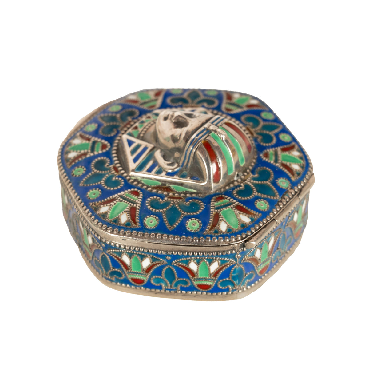 Antique Art Deco King Tut Egyptian Revival Silver Gilt Enamel Cloisonne Box 1925