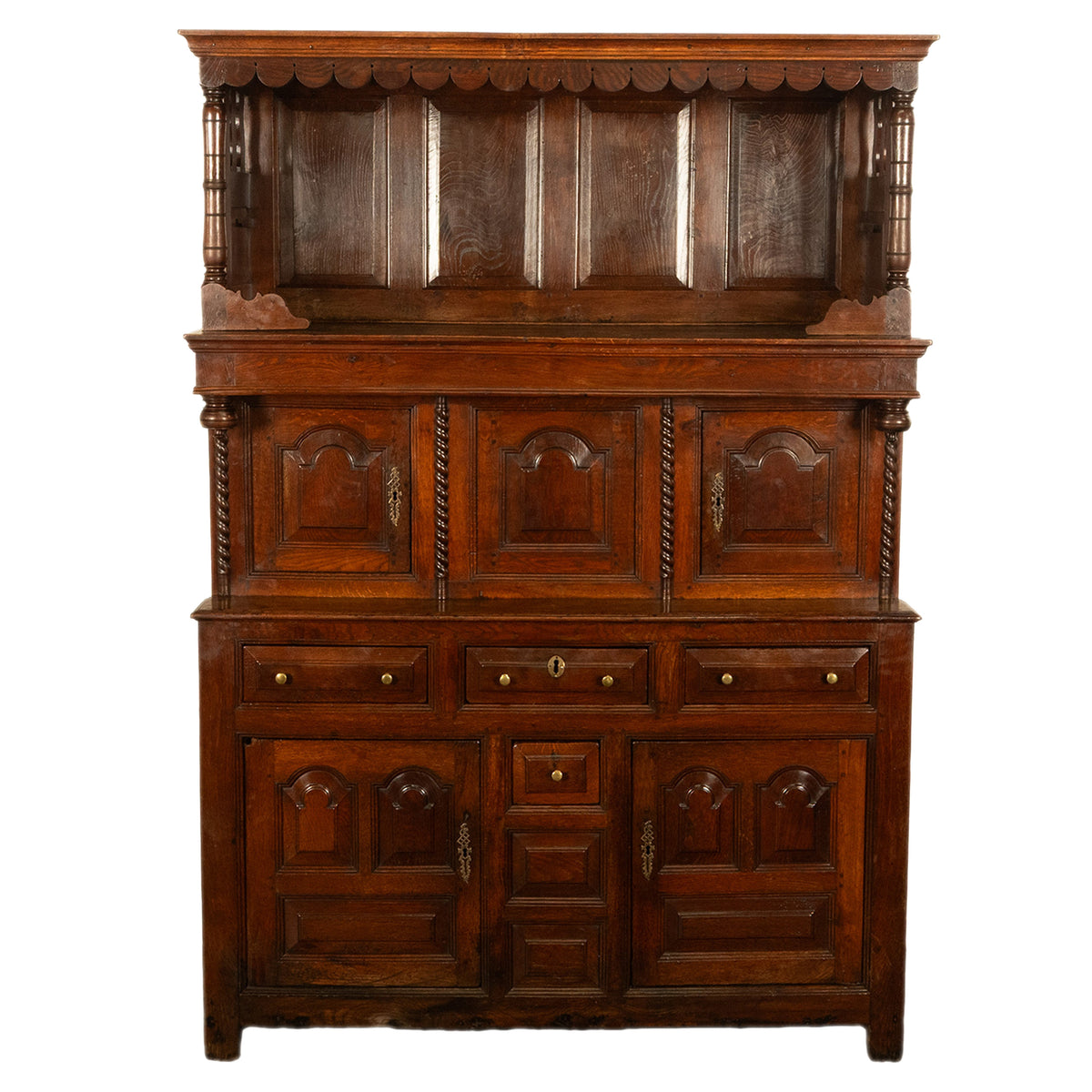 Antique Early 18th Century Carved Oak Welsh Cwpwrdd Tridarn Cupboard Cabinet 1730