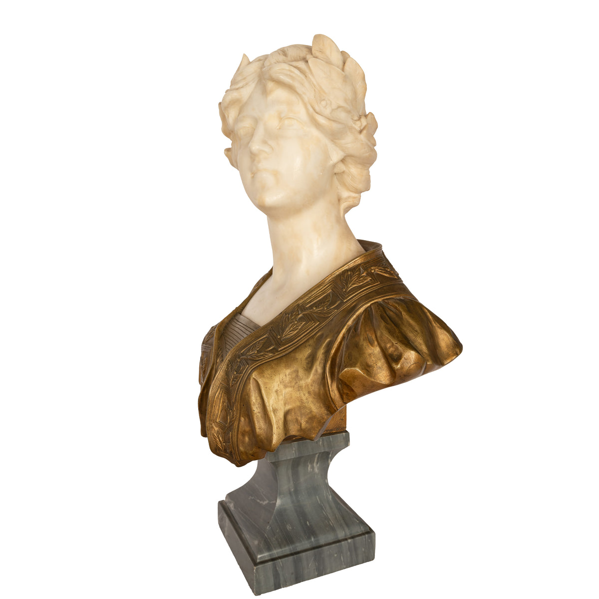 Antique Art Nouveau Female Carrara Marble Gilt Bronze Bust Statue Sculpture by Gustave Van Vaerenbergh 1900