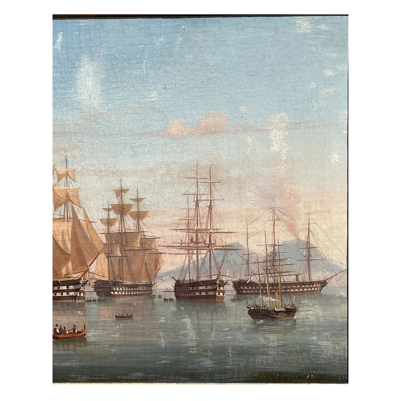Antique Maritime Ships Oil Painting "British Fleet Bay of Naples"  by Tommaso De Simone, 1860