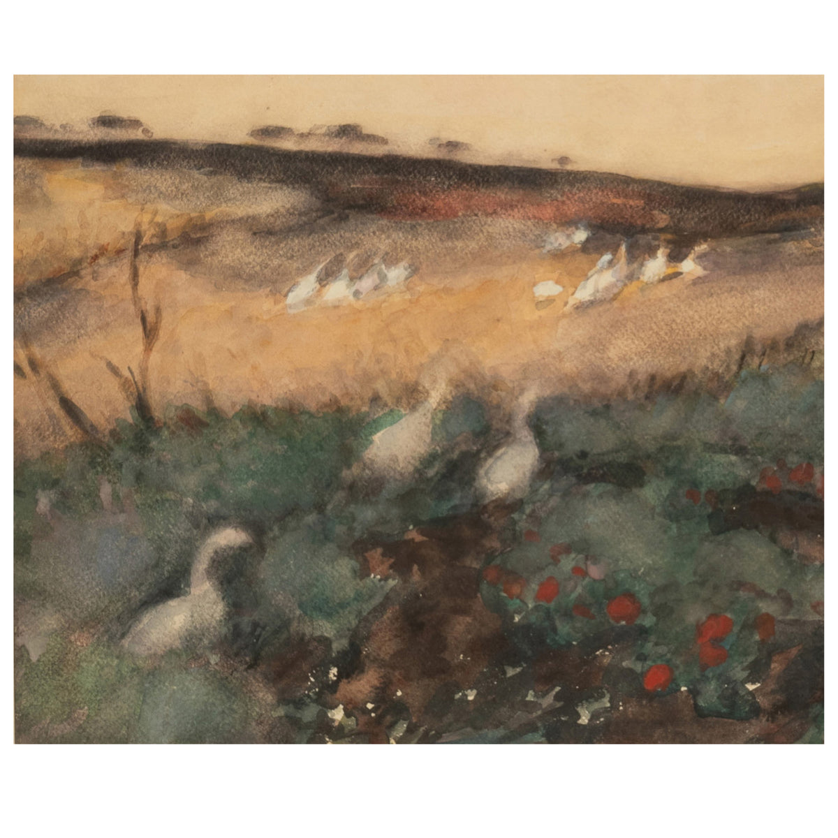 Russian French Impressionist Watercolor Gouache Landscape with Geese Painting by Pyotr Alexandrovich Nilus 1930