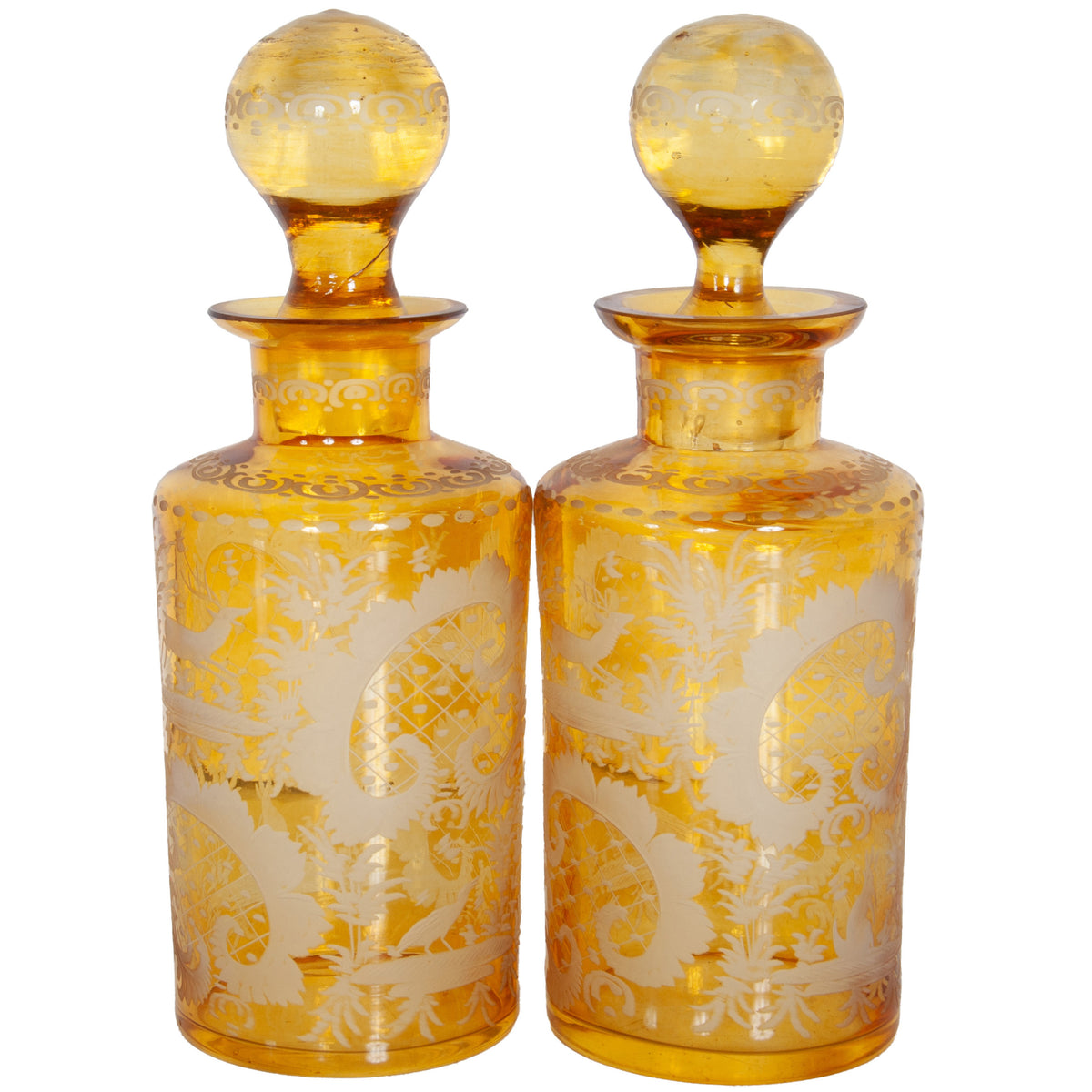 Antique Pair 19th Century Etched Bohemian Amber Glass Wine Liquor Decanters 1880