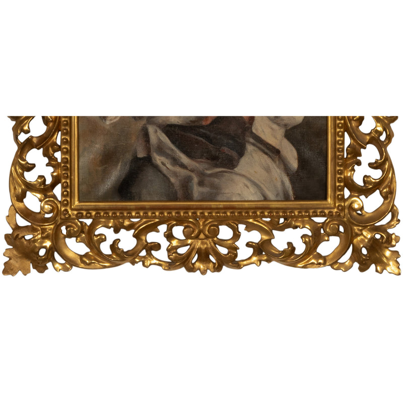 Antique Italian Genre Scene Oil Painting "Shoe Shiner" Cobbler by Ezio Ricci Gilded Florentine Frame, Circa 1910