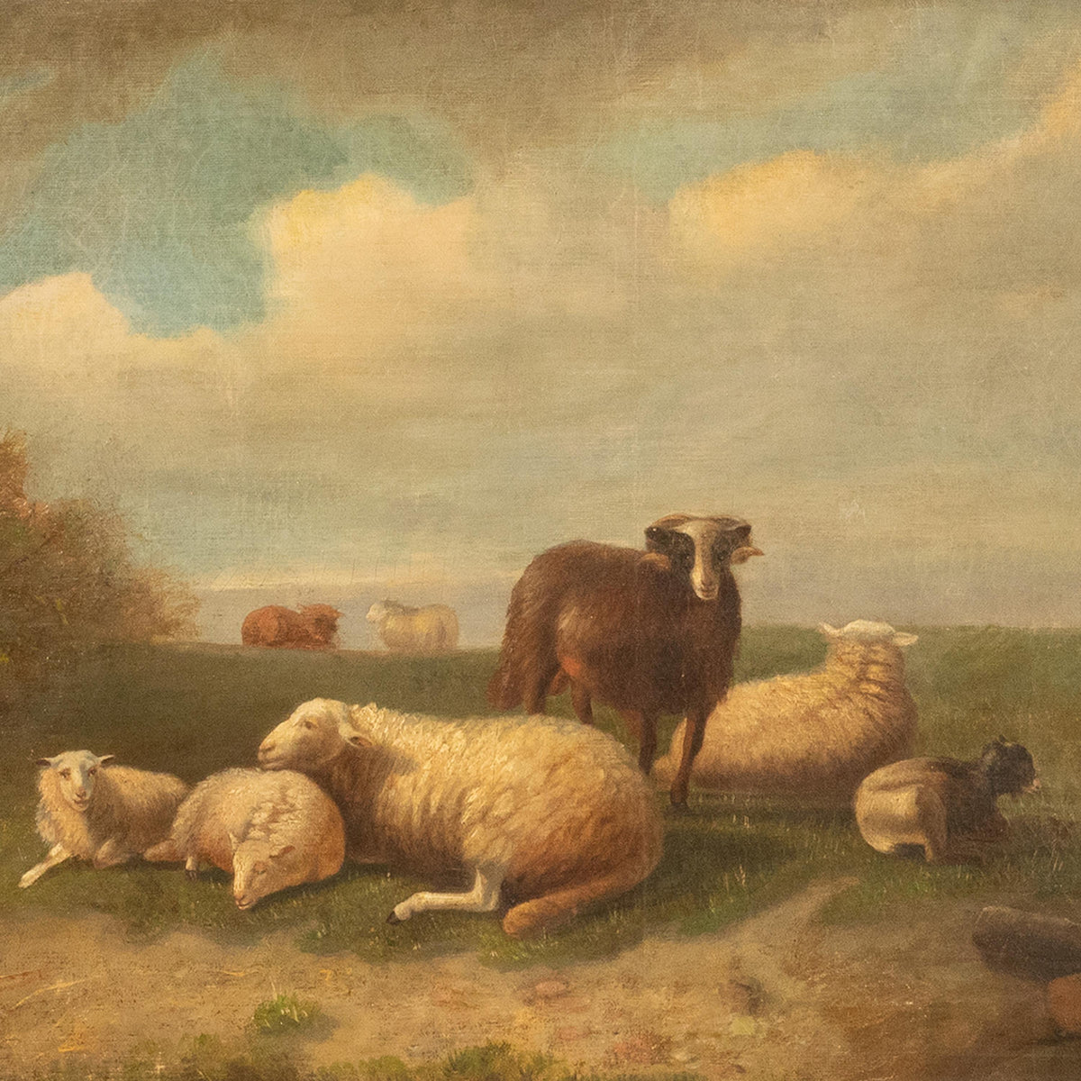 19th Century Belgian Realist Pastoral Oil Canvas Landscape Painting Ram Sheep & Goat