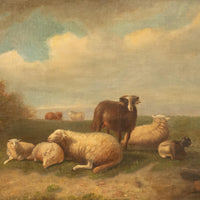 19th Century Belgian Realist Pastoral Oil Canvas Landscape Painting Ram Sheep & Goat