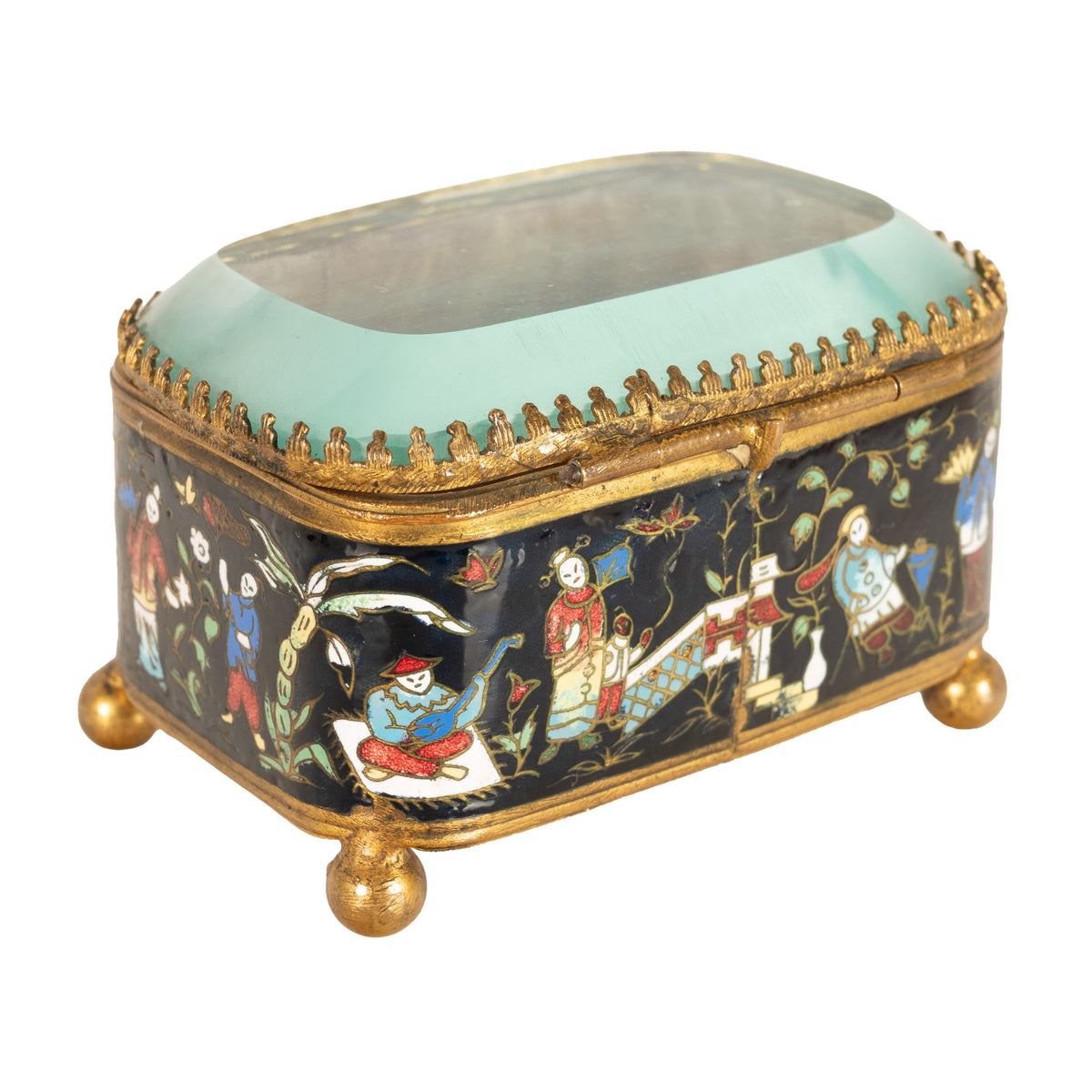 Antique French Gilt Brass Cloisonne Chinoiserie Champleve Jewelry Box Casket, 1880