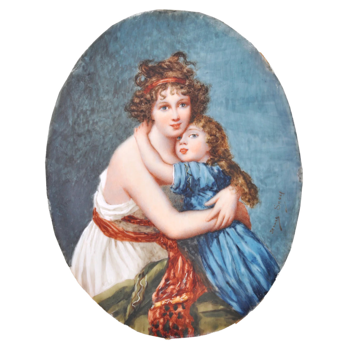 Antique French Portrait Miniature Oil Painting of Vigee Lebrun Mother & Daughter by Jenny Savy 1860