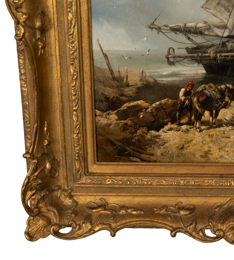 Antique French School Marine Ship Fishing Boats Oil Canvas Painting  Dieppe 1851 By Charles Hoguet