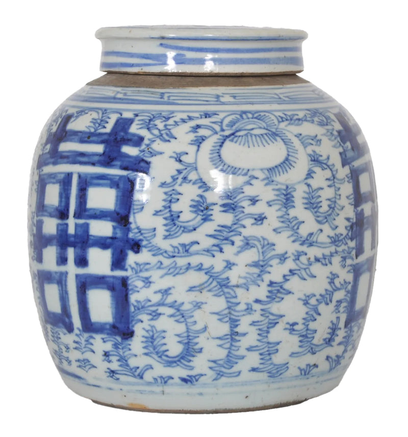 Antique Chinese Qing Dynasty Blue & White Porcelain Ginger Jar with Double Happiness Symbol, Circa 1870