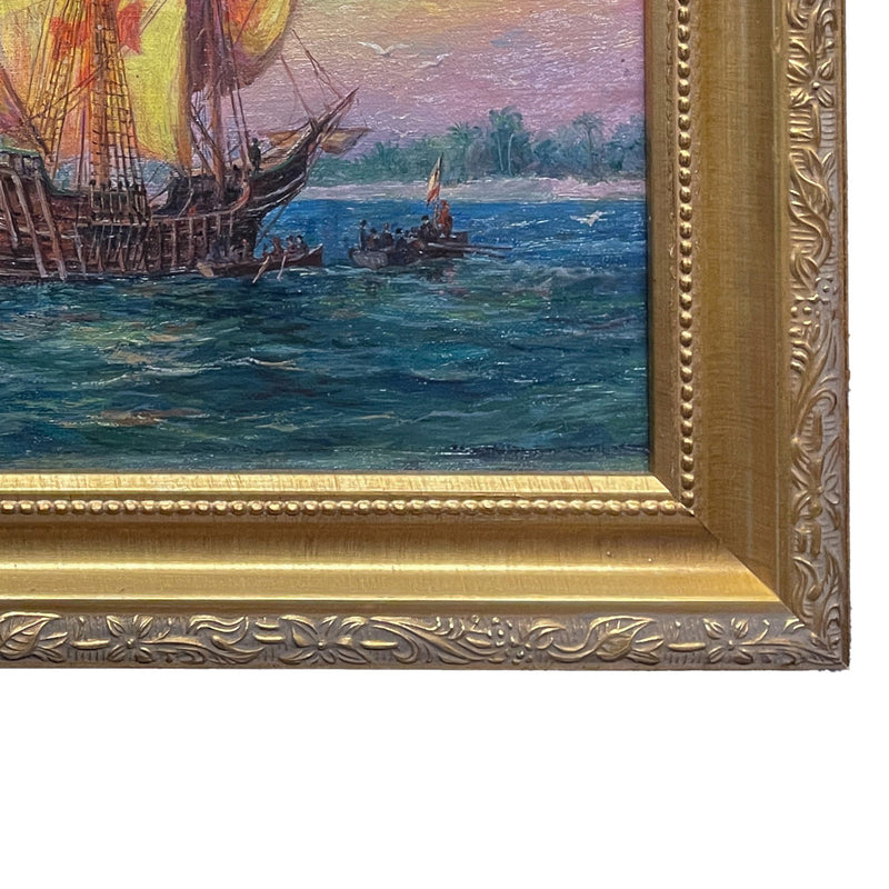 Antique American Nautical Ships Oil Painting "The Discovery" Jamestown Virginia by William Steeple Davis 1921