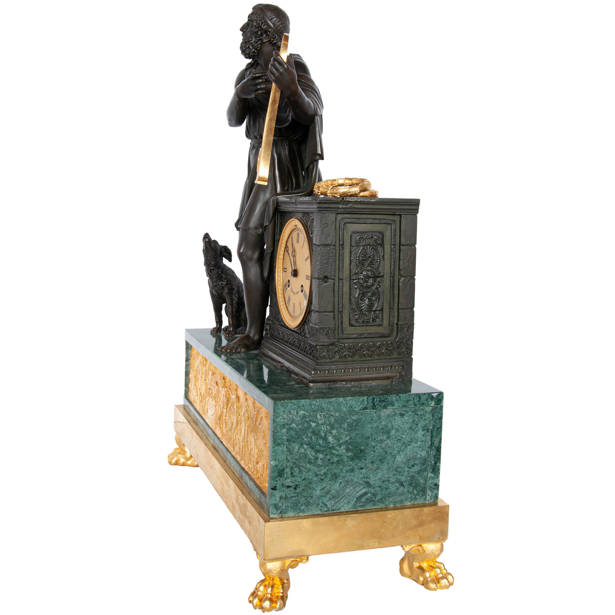Antique French Empire Gilt Bronze & Marble Statue Clock of Homer by Ravrio 1810