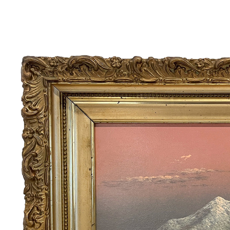 Antique American Realist Oil Painting Landscape Mount Hood at Sunset Oregon by Eliza Barchus, 1900